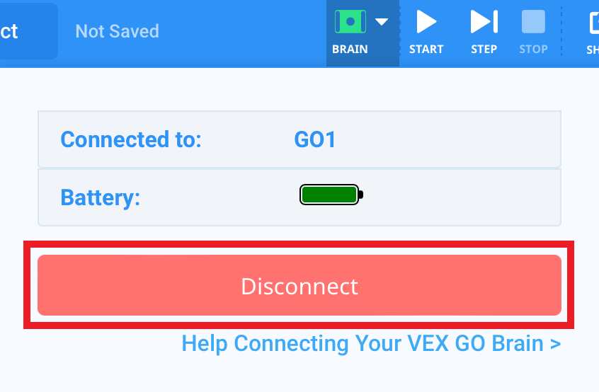 VEXcode GO mit einem verbundenen Brain und geöffnetem Brain-Dropdown-Menü. Die Schaltfläche „Trennen“ ist hervorgehoben.