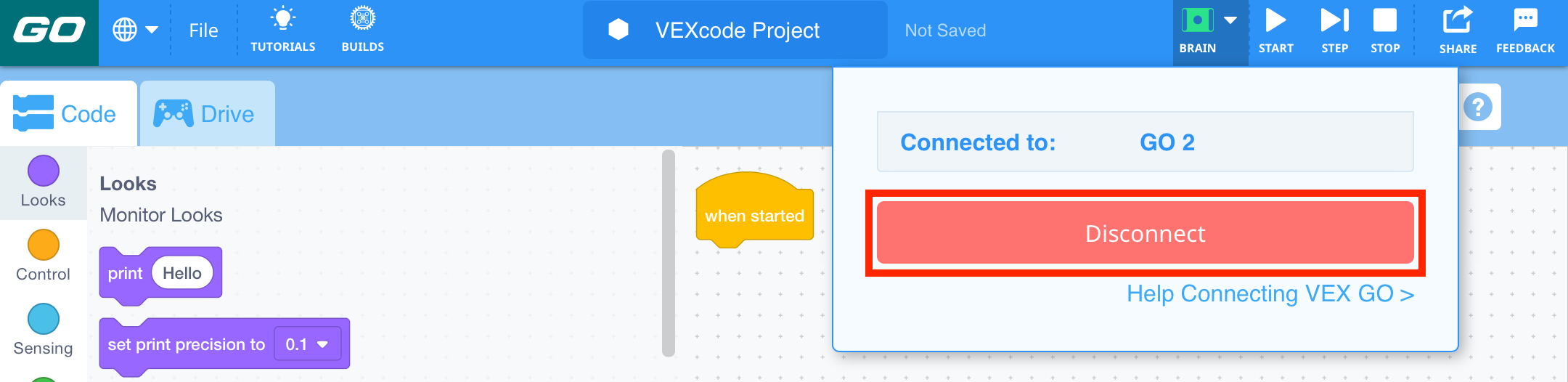 VEXcode GO s připojeným mozkem a otevřenou rozevírací nabídkou Brain. Tlačítko Odpojit je zvýrazněno.