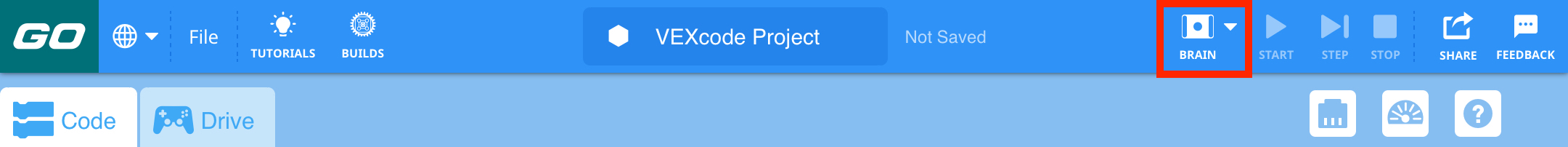 VEXcode GO з виділеним значком Brain на панелі інструментів.