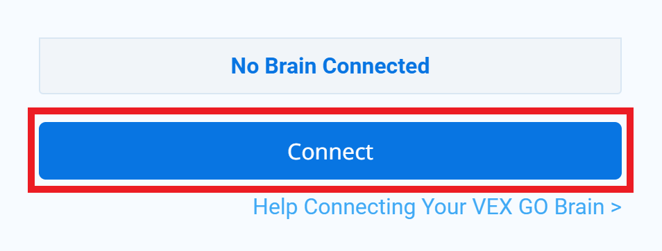 VEXcode GO z otwartym menu rozwijanym Brain i zaznaczonym przyciskiem Connect.
