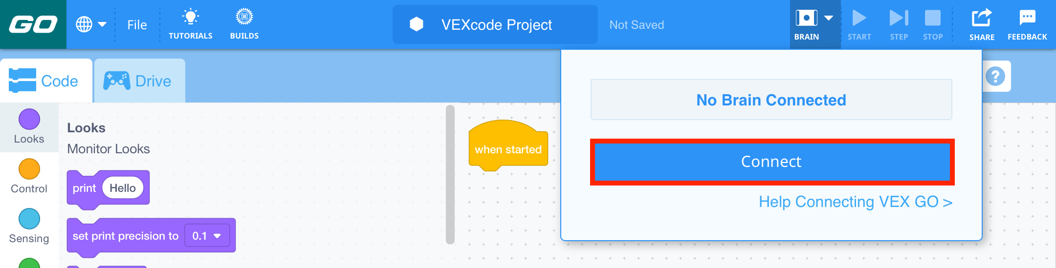 VEXcode GO con el menú desplegable Cerebro abierto y el botón Conectar resaltado.