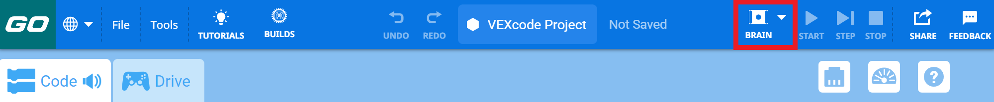VEXcode GO з виділеним значком Brain на панелі інструментів.