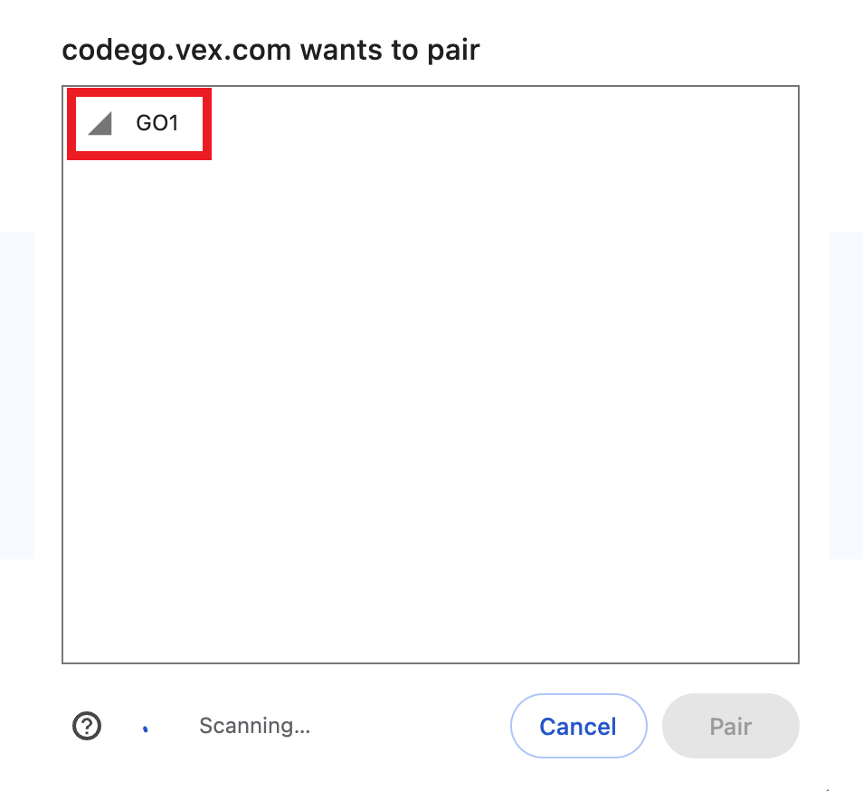 Dialoogvenster geopend om de GO Brain te selecteren waarmee u verbinding wilt maken. Er staat één Brain in de apparatenlijst en deze is gemarkeerd.