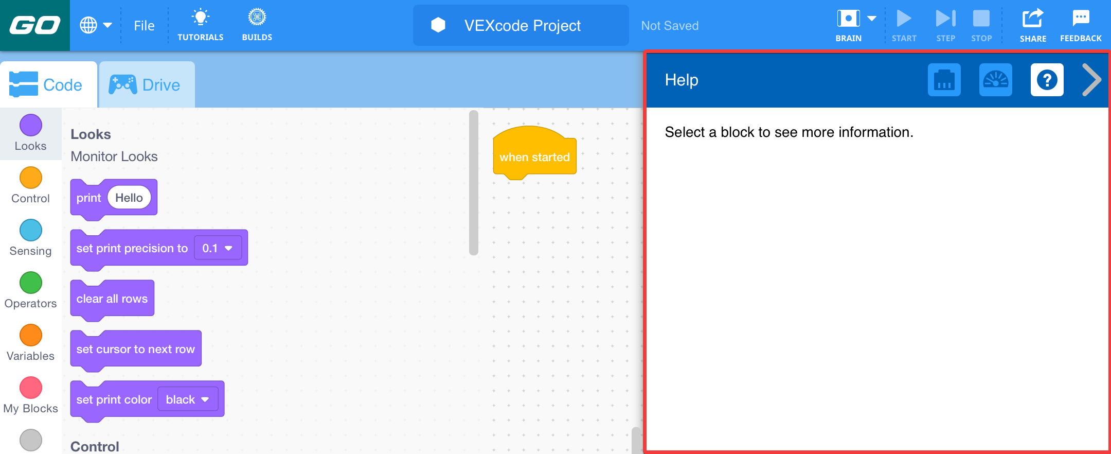VEXcode GO, যেখানে হেল্প মেনু খোলা আছে এবং কোনও ব্লক নির্বাচিত নেই। সাহায্য মেনুতে 'আরও তথ্য দেখতে একটি ব্লক নির্বাচন করুন' লেখা একটি বার্তা রয়েছে।
