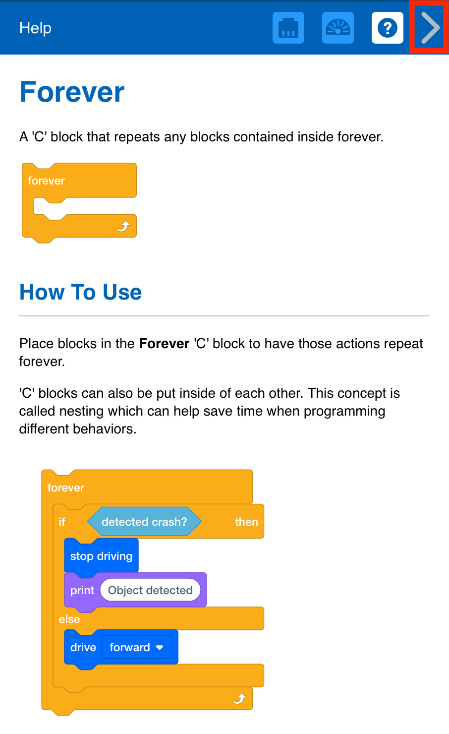 VEXcode GO с открытым меню «Справка» и выделенной стрелкой «Закрыть меню» в правом верхнем углу.