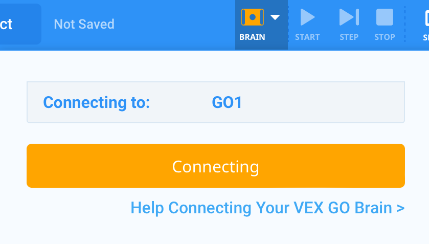 VEXcode GO พร้อมไอคอนสมองสีส้มบนแถบเครื่องมือเพื่อระบุว่ากำลังเชื่อมต่ออยู่
