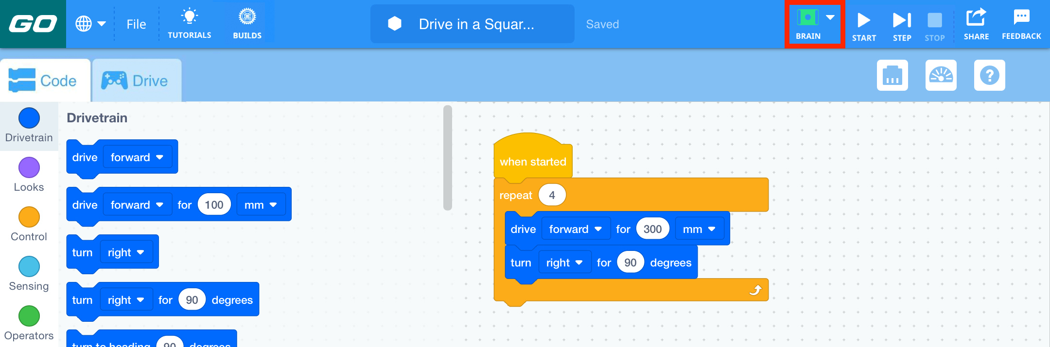 スタート アイコンの左側に Brain アイコンが強調表示された VEXcode GO ツールバー。