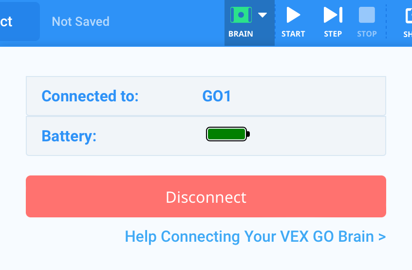 VEXcode GO із зеленим значком Brain на панелі інструментів, щоб вказати, що Brain підключився.
