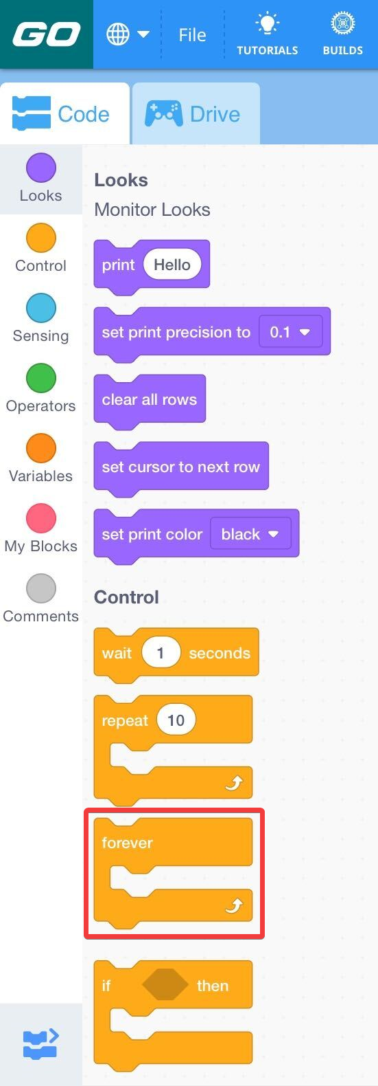 Блоки VEXcode GO Toolbox с показанным и выделенным блоком Forever.