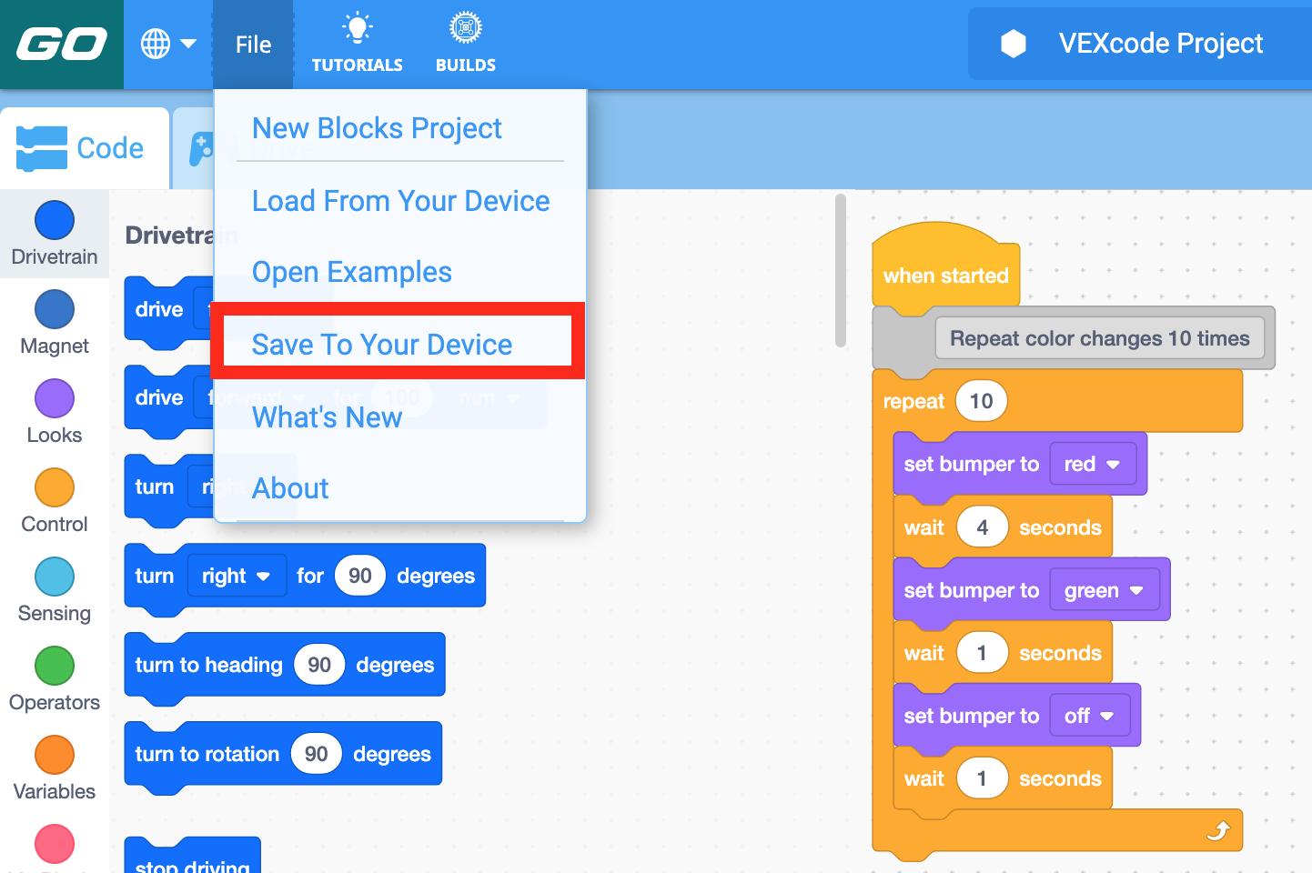 Toolbar VEXcode GO dengan menu File terbuka dan opsi Simpan ke Perangkat Anda disorot. Simpan ke Perangkat Anda adalah item menu keempat di bawah Proyek Blok Baru, Muat Dari Perangkat Anda, dan Buka Contoh.