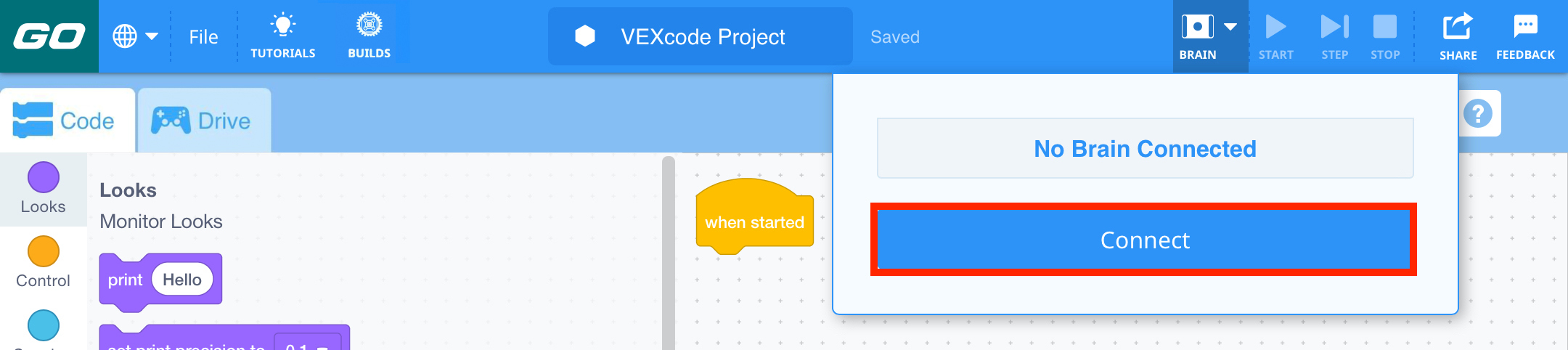 VEXcode GO với menu thả xuống Brain được mở và nút Connect được tô sáng.