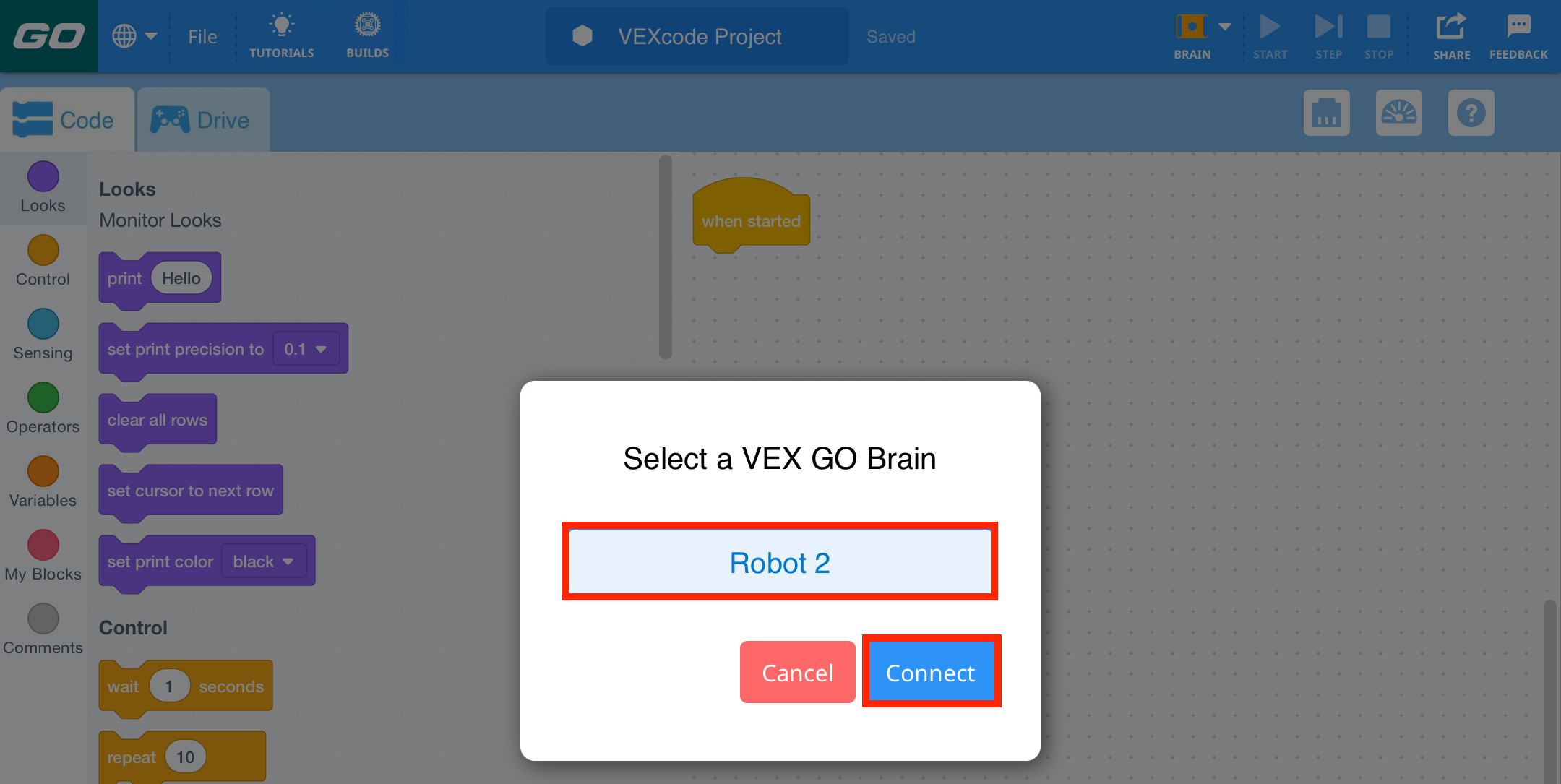 VEXcode GO s otevřeným dialogovým oknem pro výběr GO Brain, ke kterému se chcete připojit. Jeden mozek s názvem Robot 2 je uveden a zvýrazněn.