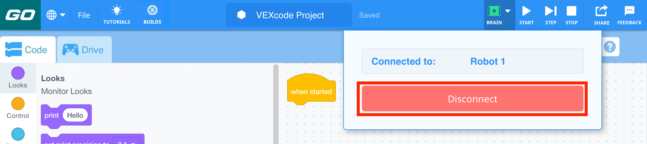 VEXcode GO에 Brain이 연결되고 Brain 드롭다운 메뉴가 열립니다. 연결 해제 버튼이 강조 표시되었습니다.