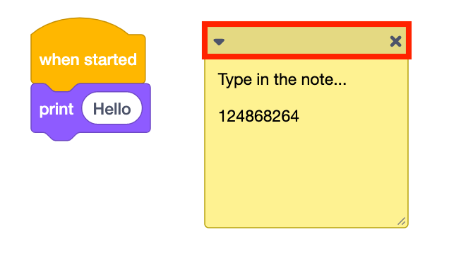 VEXcode GO жұмыс кеңістігіндегі ескертпенің үстіңгі жиегі бөлектеліп, жазбаны жылжыту үшін оны таңдауға және сүйреуге болатынын көрсетеді.