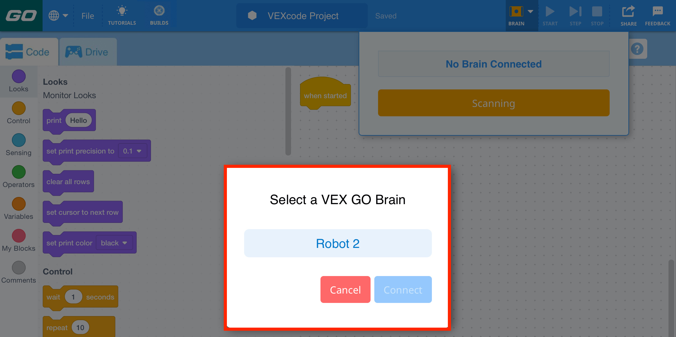VEXcode GO con una finestra di dialogo aperta per selezionare il GO Brain a cui connettersi.