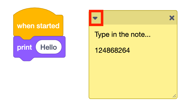 Notez dans l'espace de travail VEXcode GO avec le bouton fléché vers le bas dans le coin supérieur gauche de la note en surbrillance.