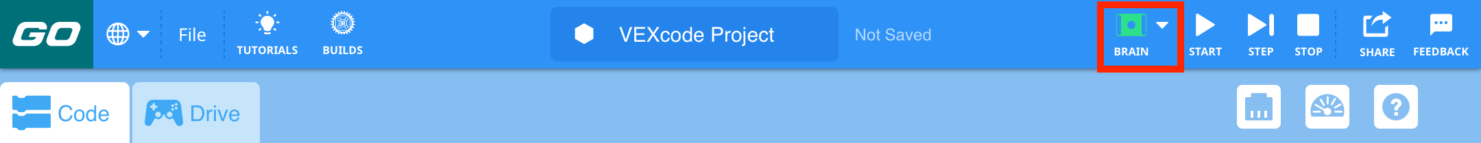 VEXcode GO se zelenou ikonou Brain na panelu nástrojů označující, že se Brain připojil.