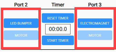 Registerkarte „Laufwerk“ in VEXcode GO mit hervorgehobenen Optionen „Port 2“ und „Port 3“. Port 2 bietet Optionen zur Steuerung eines LED-Stoßfängers oder eines Motors und Port 3 bietet Optionen zur Steuerung eines Elektromagneten oder eines Motors.