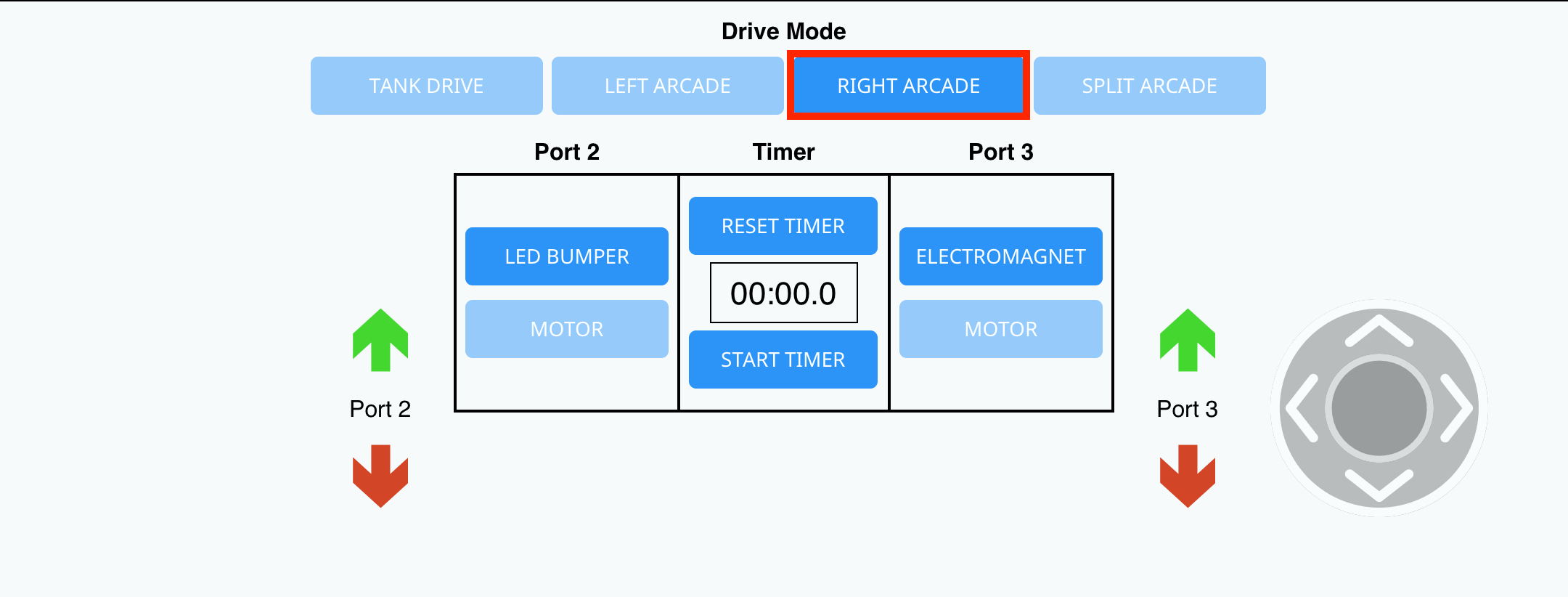 Karta Drive ve VEXcode GO se zvýrazněným tlačítkem Right Arcade v sekci Drive Mode.