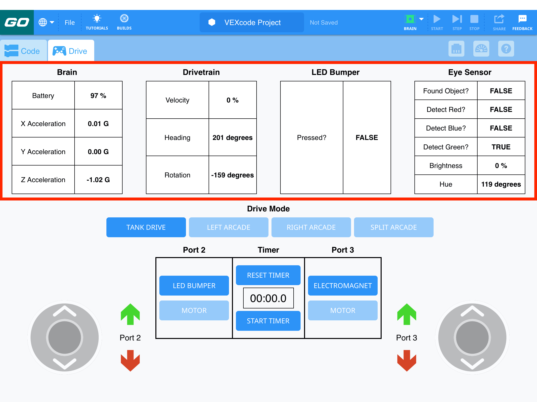 Tabblad Drive in VEXcode GO met het gedeelte Sensor Display gemarkeerd. Dit gedeelte bevat vier kolommen met sensorwaarden van verschillende apparaten, waaronder de hersenen-, aandrijflijn-, LED-bumper- en oogsensor.