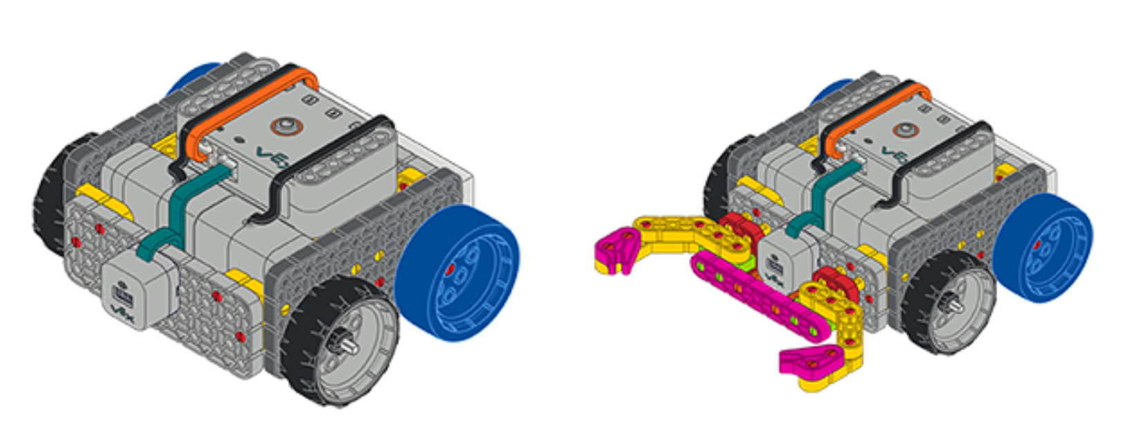 Vista angolata della Base Competitiva e della Base Competitiva con i robot Claw Hero, mostrate una accanto all'altra.