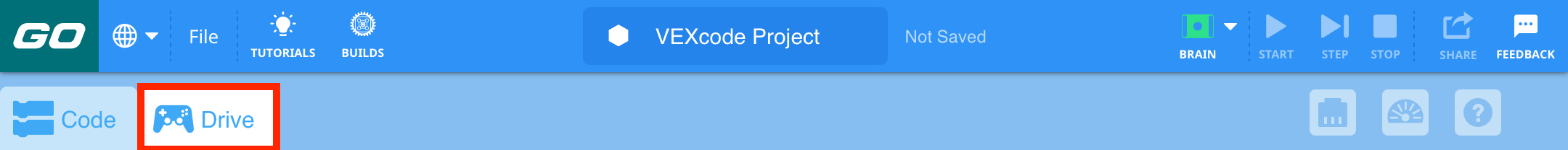 VEXcode GO พร้อมเน้นแท็บไดรฟ์ที่ด้านขวาของแท็บรหัส