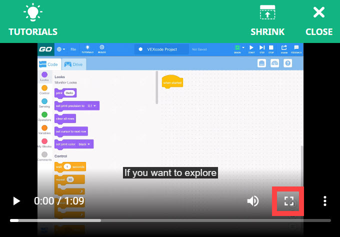 Menggunakan video tutorial Contoh terbuka, dan ikon layar penuh di kanan bawah disorot.