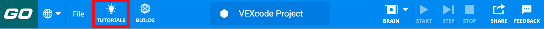 Panel nástrojů VEXcode GO se zvýrazněnou ikonou Tutorials mezi ikonami File a Builds.