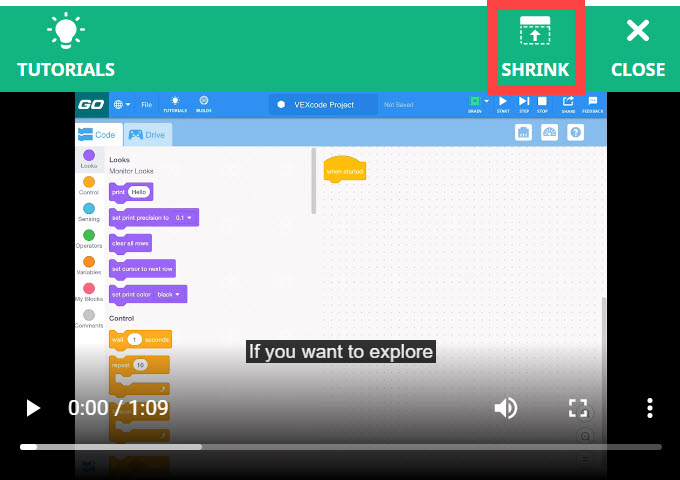 Il video tutorial sull'uso degli esempi è aperto e l'icona Riduci in alto a destra è evidenziata.