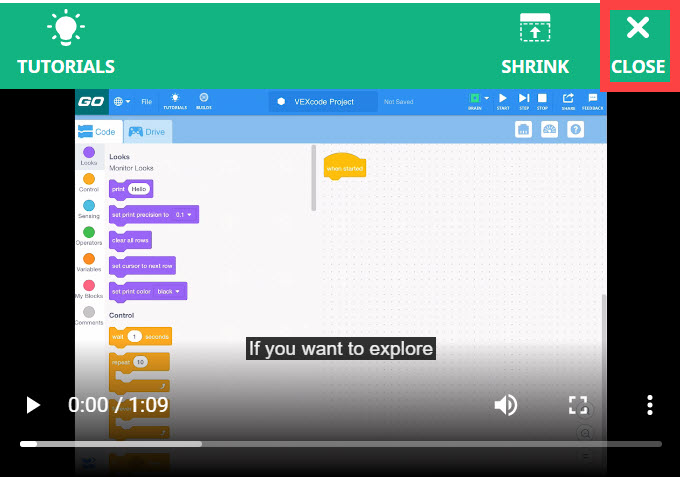 Il video tutorial sull'uso degli esempi è aperto e l'icona Chiudi nell'angolo in alto a destra è evidenziata.