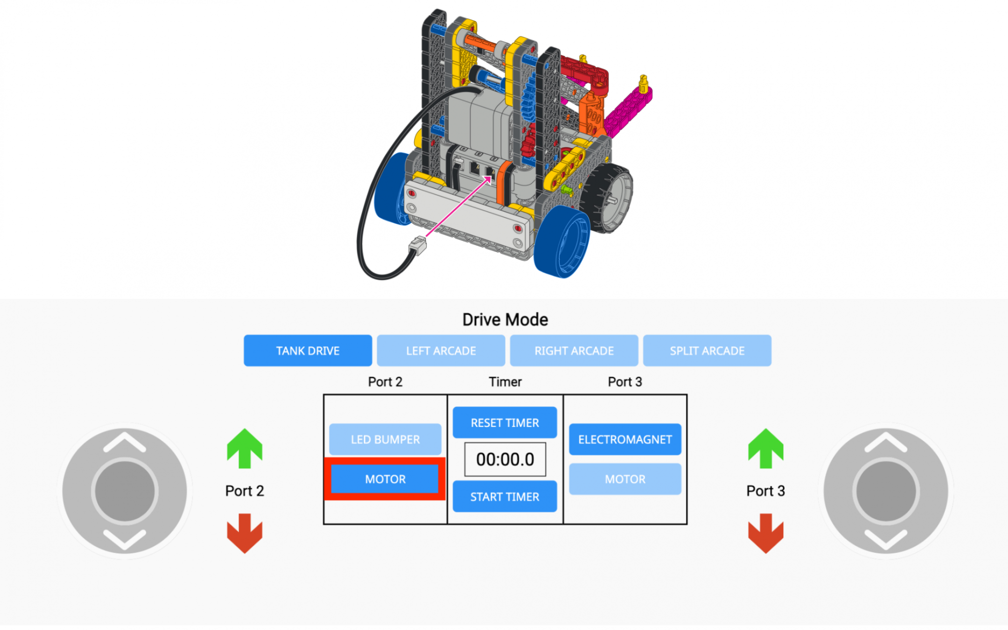 上の図は、Competition Advanced Hero Robot で、下の図は VEX GO Drive タブ画面です。 アーム モーターを Hero Robot の 2 番目のスマート ポートに接続するケーブルが表示されます。 以下では、ポート 2 モードが LED バンパーからモーターに変更され、ユーザーが左矢印アイコンでロボットのアームを制御できるようになります。