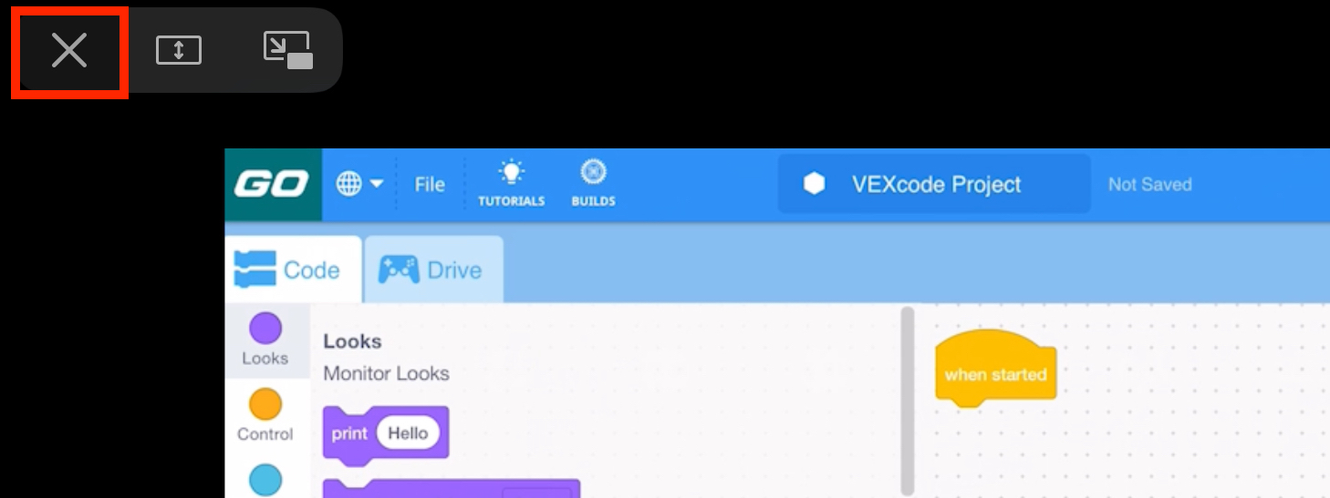 Il video tutorial sull'utilizzo degli esempi è aperto e a schermo intero su un tablet, e nell'angolo in alto a sinistra è evidenziata un'icona per uscire dalla modalità a schermo intero.