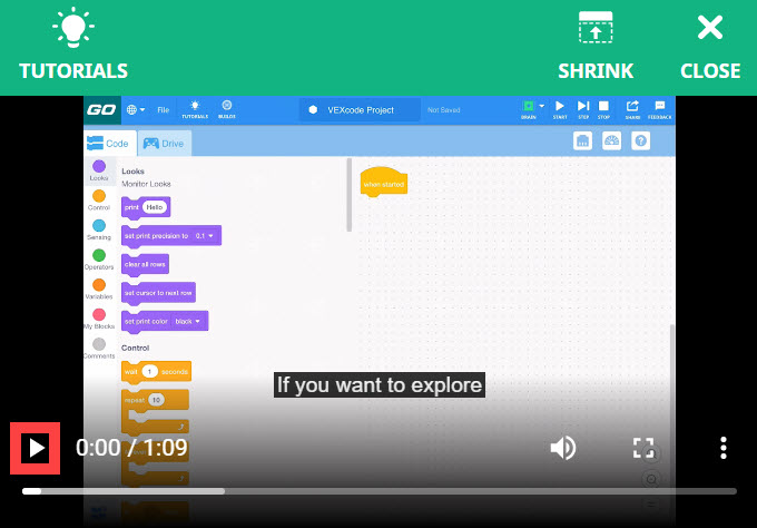 O vídeo tutorial Utilização de Exemplos é aberto e o ícone de reprodução de vídeo no canto inferior esquerdo é realçado.