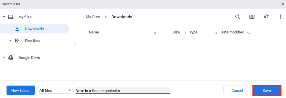 Das Chromebook-Menü „Datei speichern“ ist geöffnet und auf das Speichern im Download-Ordner eingestellt. Das Projekt wurde benannt und die Schaltfläche „Speichern“ unten rechts ist hervorgehoben.