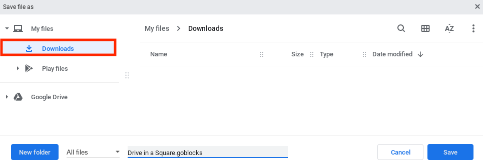 El botón de la carpeta Descargas en el menú Archivo de Chromebook está resaltado.