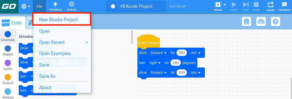 Thanh công cụ VEXcode GO với menu File mở và tùy chọn New Blocks Project được tô sáng. Dự án khối mới là tùy chọn đầu tiên trong menu.