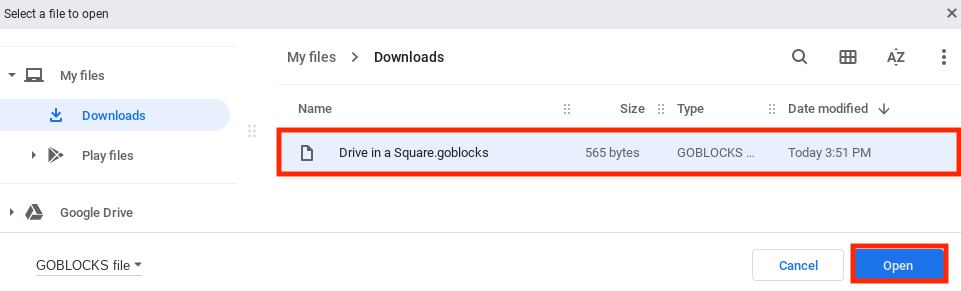 পূর্বে সংরক্ষিত VEXcode GO প্রকল্পটি ডিভাইসের ফাইল থেকে দৃশ্যমান এবং হাইলাইট করা হয়।