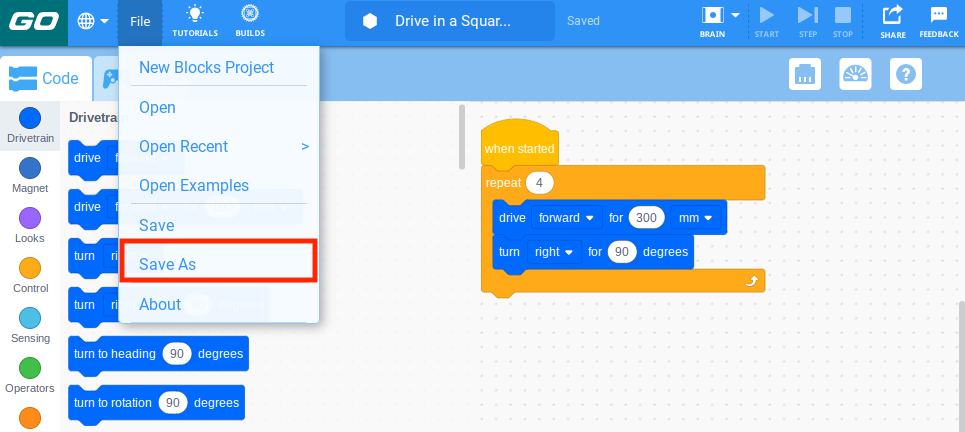 Toolbar VEXcode GO dengan menu File terbuka dan opsi Simpan Sebagai disorot. Simpan Sebagai adalah pilihan keenam dalam menu, di bawah Proyek Blok Baru, Buka, Buka Terbaru, Buka Contoh, dan Simpan.