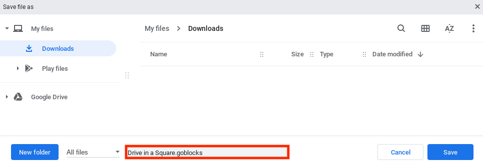 Chromebook datora izvēlne Saglabāt failu ir atvērta un iestatīta saglabāšanai mapē Lejupielādes. Projekta nosaukums ir izcelts un ir mainīts uz Drive in a Square.goblocks.