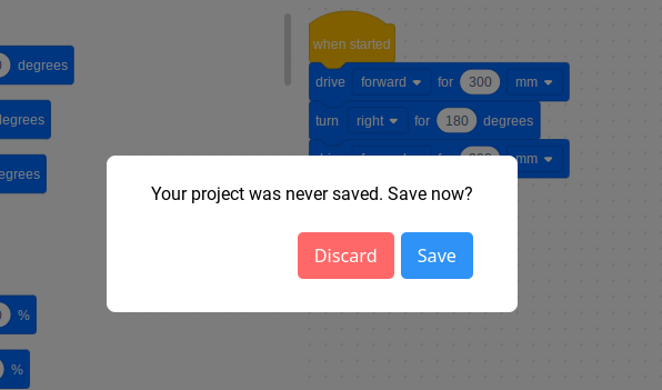 Prompt de projeto não guardado do VEXcode GO que diz O seu projeto nunca foi guardado. Guardar agora?