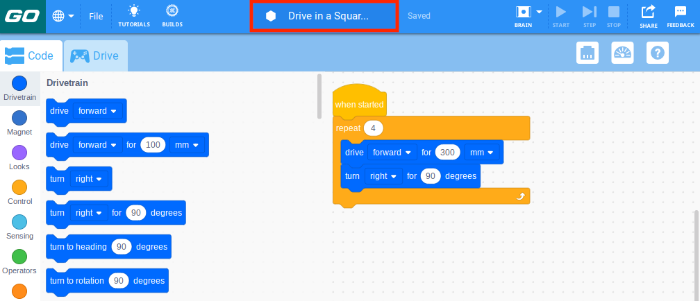 VEXcode GO con un proyecto de Bloques previamente guardado se abrió exitosamente. El nombre del proyecto se resalta para mostrar que se ha actualizado.