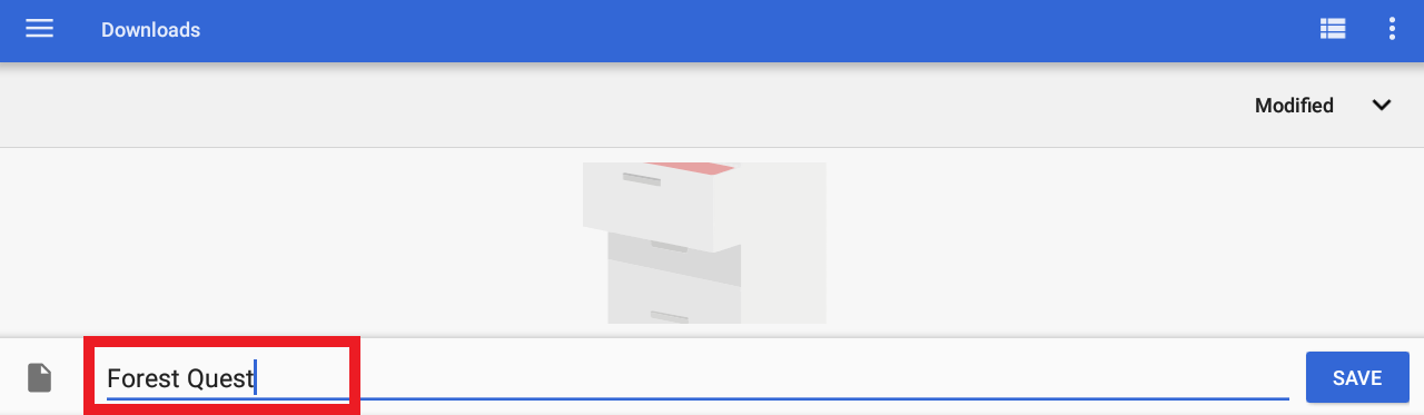 Menu Zapisz projekt na urządzeniu z systemem Android i ustawienie zapisywania w folderze Pobrane, z podświetloną nazwą projektu i zmianą jej na Forest Quest.