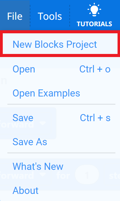 Thanh công cụ VEXcode GO với menu File mở và tùy chọn New Blocks Project được tô sáng. Dự án khối mới là tùy chọn đầu tiên trong menu.