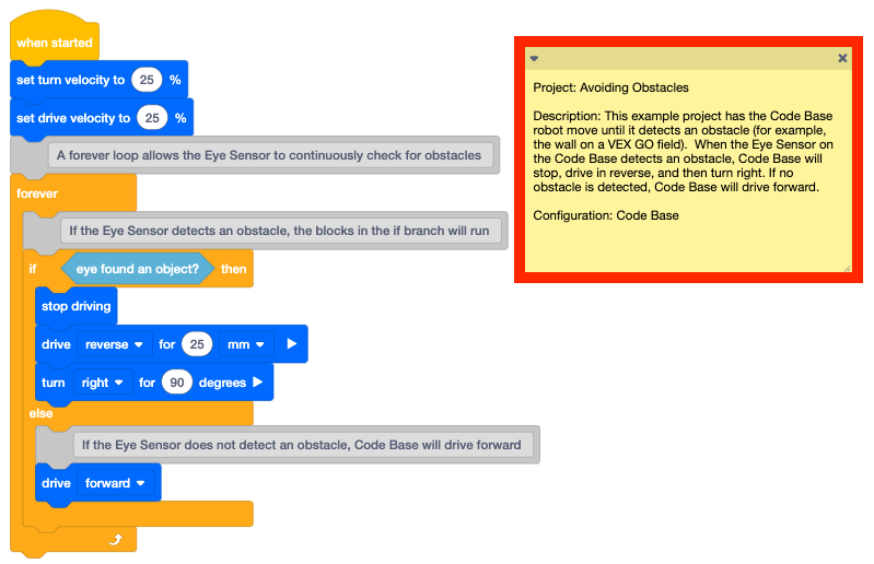 VEXcode GO s otevřeným vzorovým projektem, včetně zásobníku kódových bloků a poznámky s popisem projektu. Poznámka je zvýrazněna.