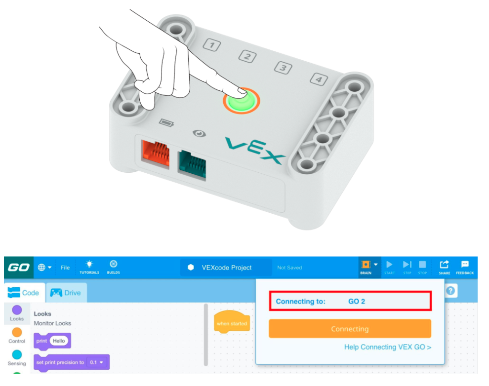 Schéma d'une main appuyant sur le bouton d'alimentation du cerveau pour l'allumer. Sous le diagramme se trouve une capture d'écran montrant une icône de cerveau orange sur la barre d'outils VEXcode GO pour indiquer qu'elle est en cours de connexion.