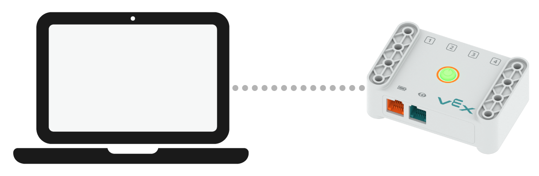 Planšetdatora un GO Brain diagramma ar punktētu līniju starp tām, lai norādītu Bluetooth diapazonu.