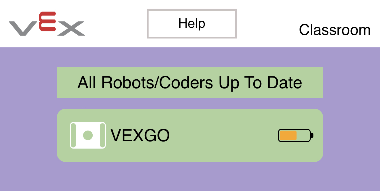 Aplikasi Kelas VEX dengan Brain yang terkini. Tombol Perbarui di bagian atas bertuliskan 'Semua Robot/Coder Terkini.