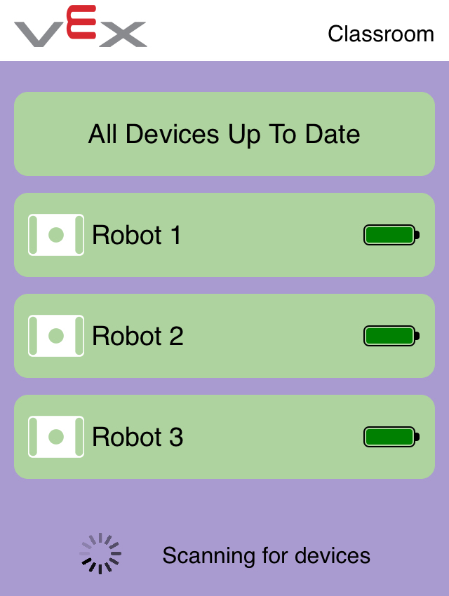 VEX Classroom-app met drie up-to-date Brains en bovenaan de knop Updaten met de tekst 'Alle apparaten up-to-date'.
