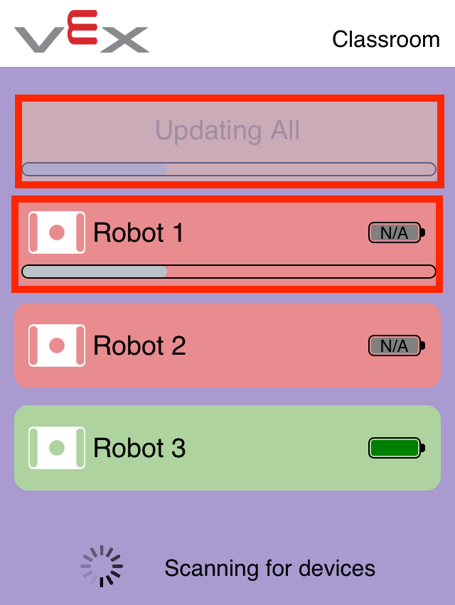 Aplicación VEX Classroom con tres cerebros conectados en una lista. Dos de los cerebros enumerados están desactualizados y el botón “Actualizar todo” en la parte superior está desactivado. One Brain tiene una barra de progreso para indicar que se está actualizando actualmente.