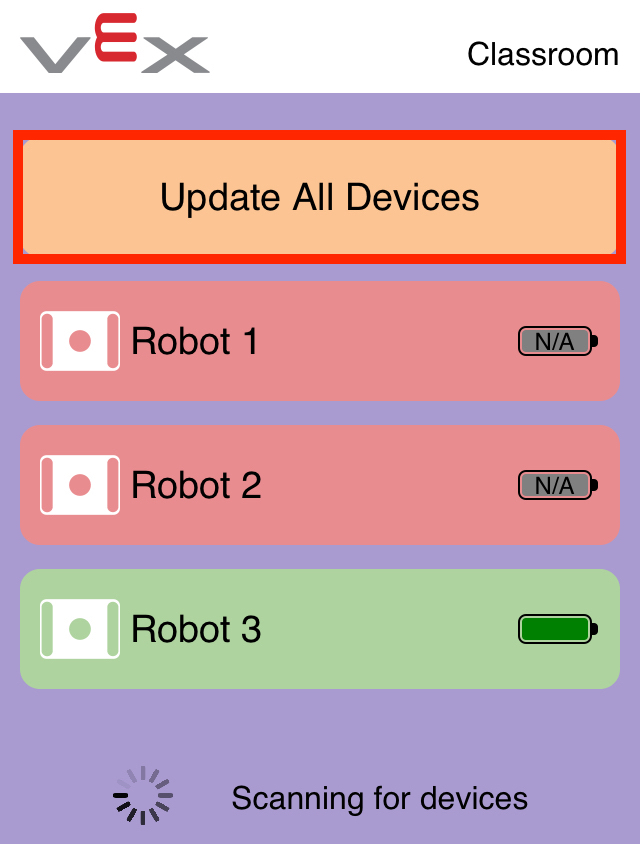 แอป VEX Classroom ที่มี Brains ที่เชื่อมต่อกันสามอันในรายการ Brains 2 ตัวที่อยู่ในรายการนั้นล้าสมัยแล้ว และปุ่ม 'อัปเดตอุปกรณ์ทั้งหมด' ที่ด้านบนถูกเน้นไว้